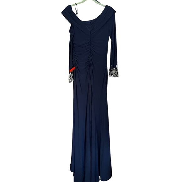 Mac Duggal 10 NEW Beaded Cuff Drop Shoulder Faux Wrap Gown Midnight Blue 12231 - Picture 6 of 8
